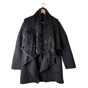 Theory Open Front Wool Coat Size P Removable Rabbit Fur Vest Waterfall Pockets